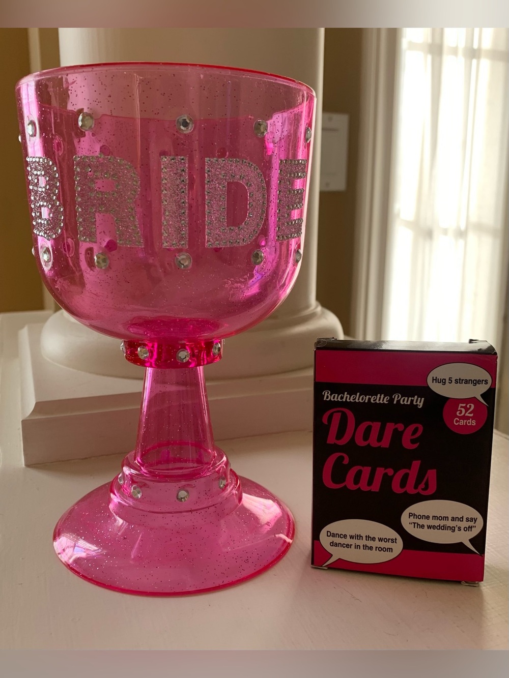 pink goblet with 'BRIDE' in rhinestones. 8”x5”
bachelorette party Dare cards